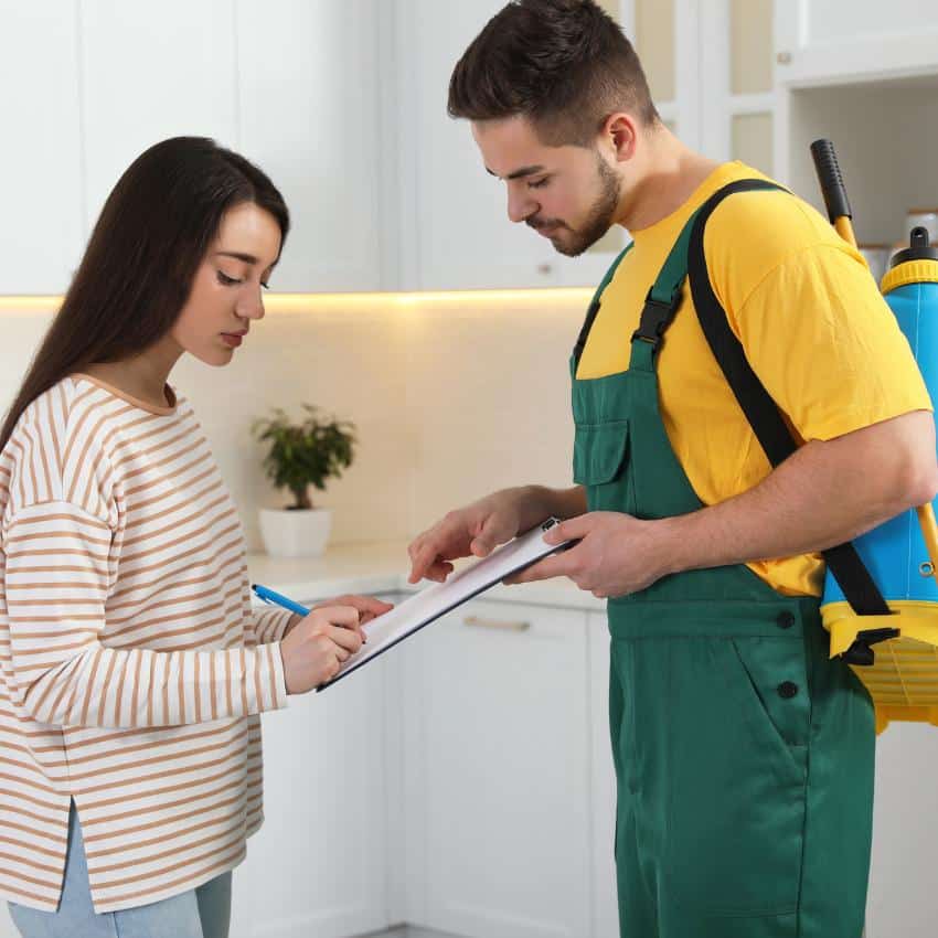 Exterminator wearing yellow protective suit spraying a kitchen counter.