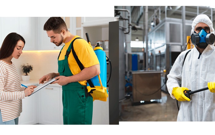 Pest control expert consulting a homeowner and treating a commercial facility in Fort Myers.