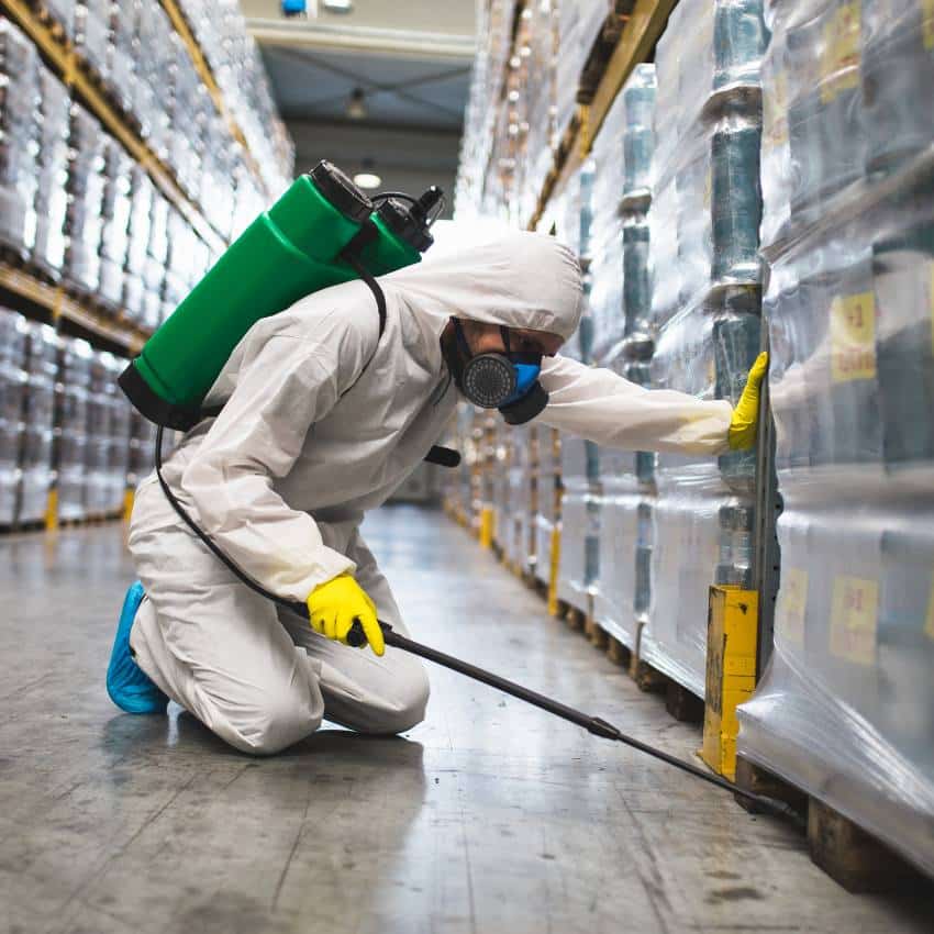 Pest control technician inspecting and treating an industrial warehouse to eliminate infestations and protect stored goods.