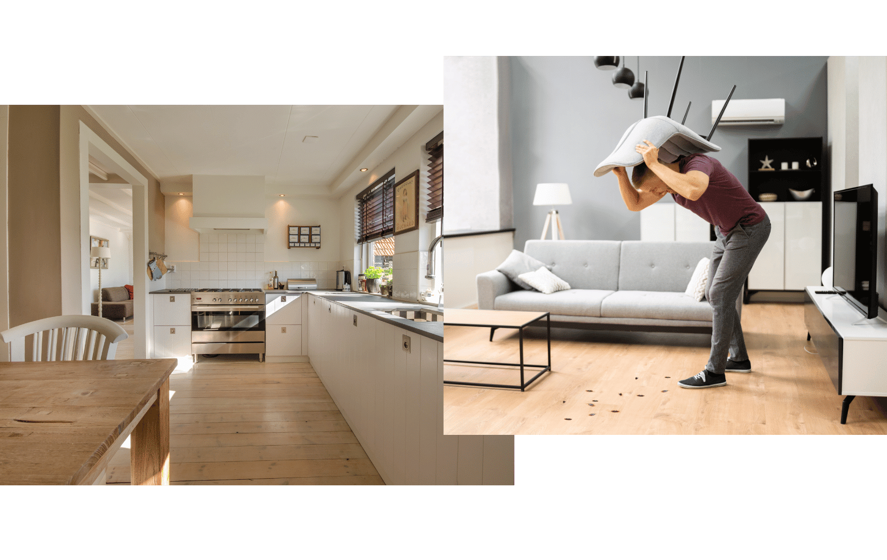 Man lifting a couch cushion to inspect for pests at home.
