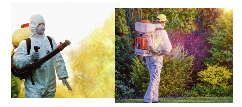 Pest control specialist spraying outdoors in protective gear.